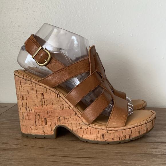 BORN Wedge Platform Sandal Bernese Cage Brown Leather Cork 9 US Buckle Slingback - Picture 1 of 15